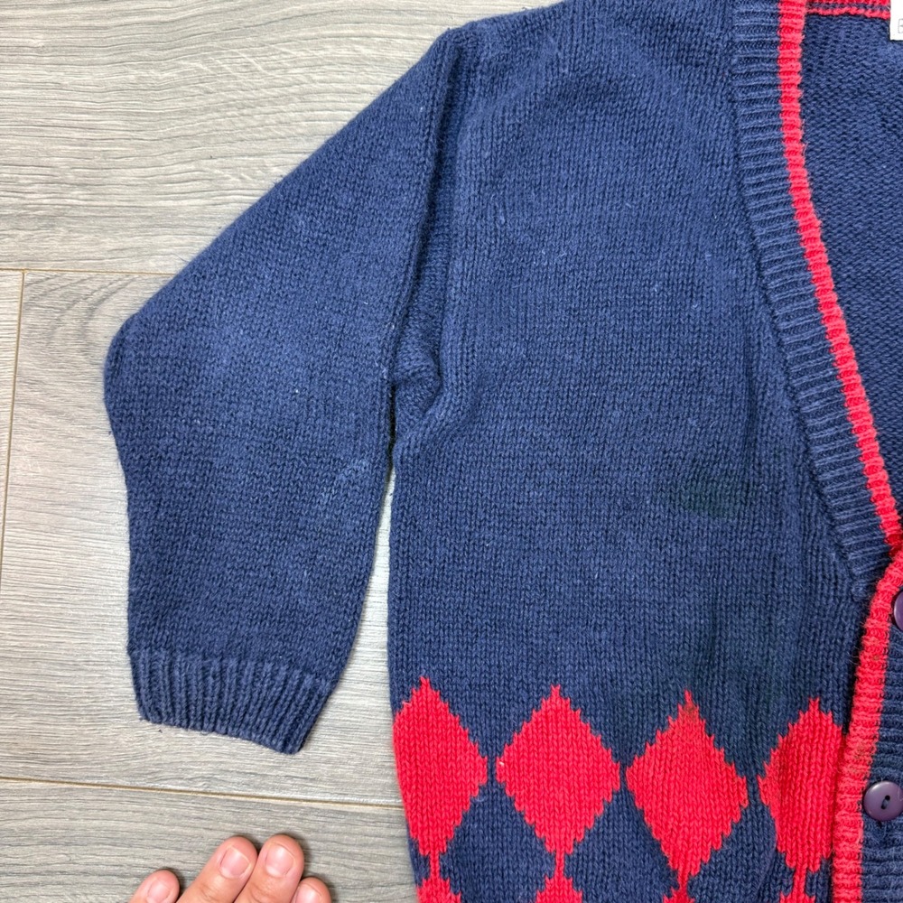 Vintage Kids Navy Argyle Knit Cardigan Red Trim Bon Voyage Crest Patch Size 4 - Picture 3 of 14